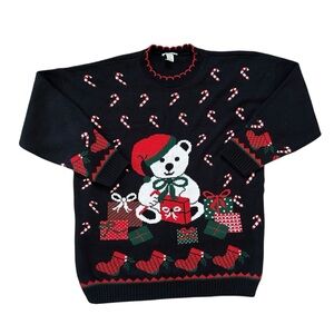 Vintage 90s Black Candy Cane Christmas Teddy Bear Pullover Sweater Size Large